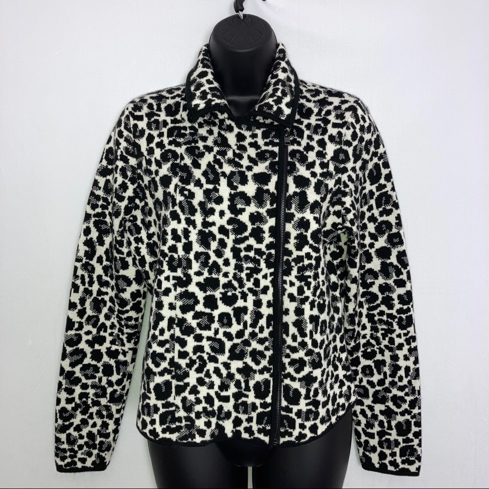 Ann Taylor zip front sweater jacket black white 4